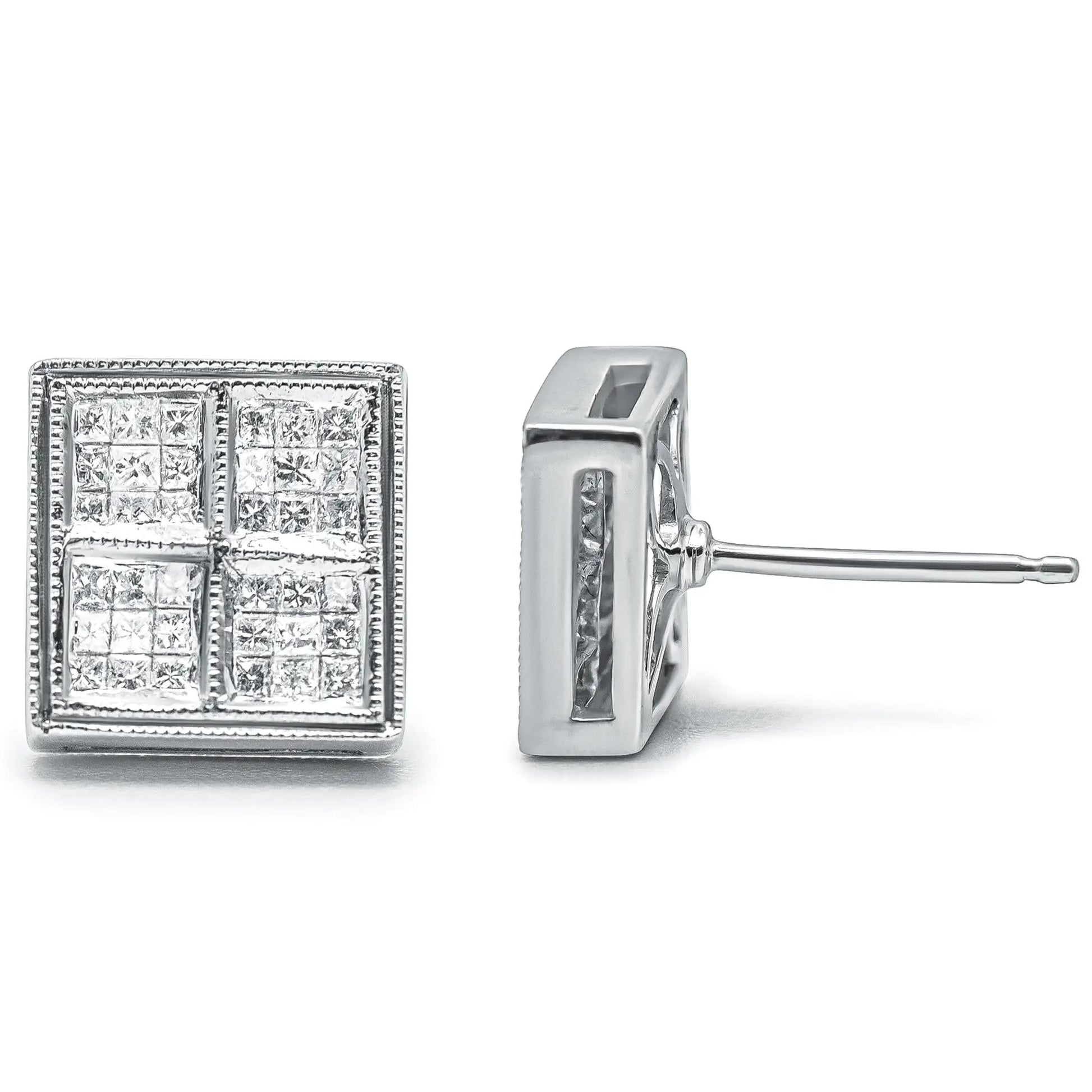 14K White Gold 1/2 Cttw Princess Diamond Composite Box Shape Milgrain Stud Earrings (H-I Color, SI1-SI2 Clarity) WEM Support (www.WEM.support)
