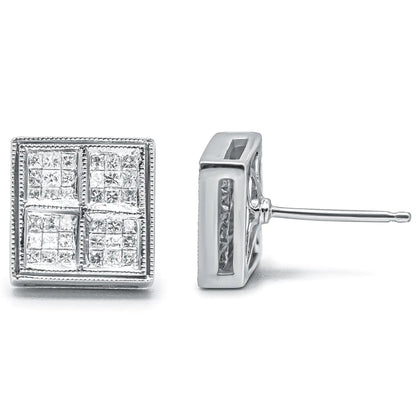 14K White Gold 1/2 Cttw Princess Diamond Composite Box Shape Milgrain Stud Earrings (H-I Color, SI1-SI2 Clarity) WEM Support (www.WEM.support)