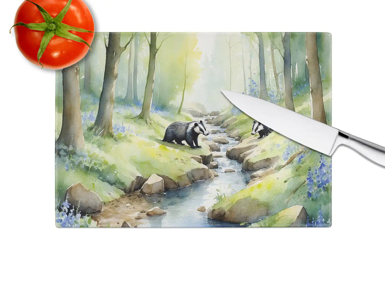 Woodland Spring Badgers Glass Cutting Board WEM Support (www.WEM.support)