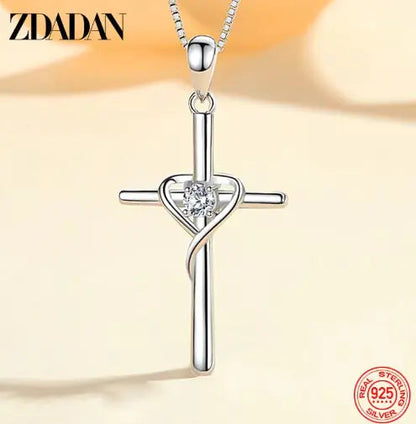 ZDADAN 925 Silver Blue Zircon Cross Pendant Necklace for Women WEM Support (www.WEM.support)