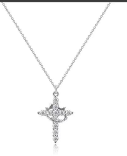 A Y-shaped crown cross clavicle necklace with a silver chain and a decorative cross pendant.