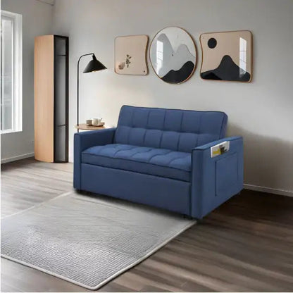 Stylish Blue Pull-Out Sofa Bed With Woven Polyester Fabric & Solid Wood Frame WEM Support (www.WEM.support)