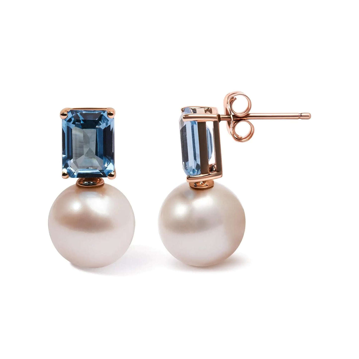 14K Rose Gold 10MM Cultured Freshwater Pearl and 8x6mm Octagon Swiss Blue Topaz Drop Earrings WEM Support (www.WEM.support)