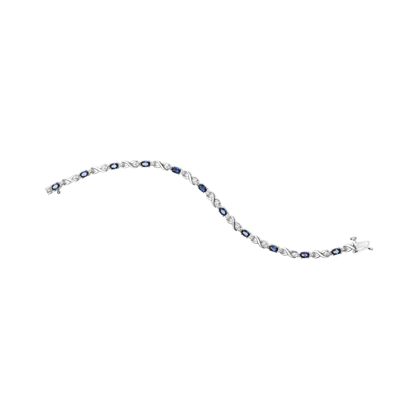 10K White Gold 5x4mm Oval Sapphire Gemstone and 1/10 Cttw Diamond Prong Set "X" Link Bracelet - Size 7" (H-I Color, SI1-SI2 Clarity) WEM Support (www.WEM.support)