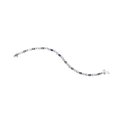 10K White Gold 5x4mm Oval Sapphire Gemstone and 1/10 Cttw Diamond Prong Set "X" Link Bracelet - Size 7" (H-I Color, SI1-SI2 Clarity) WEM Support (www.WEM.support)