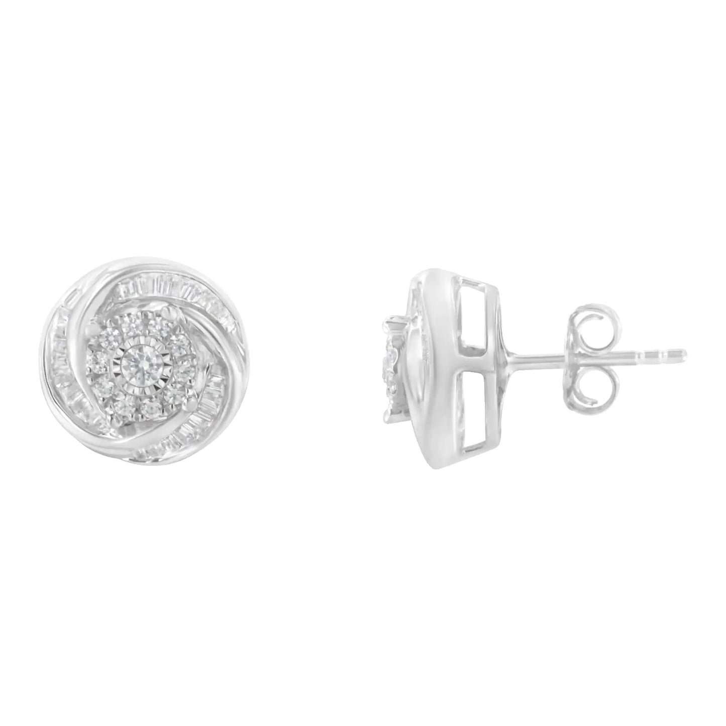 Boucles d'oreilles clous Love Knot en argent sterling .925 avec diamants ronds et baguettes 3/4 Cttw (Couleur I-J, Clarté I2-I3) WEM Support (www.WEM.support)