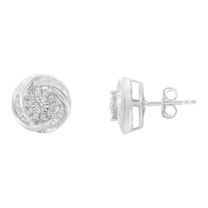 Boucles d'oreilles clous Love Knot en argent sterling .925 avec diamants ronds et baguettes 3/4 Cttw (Couleur I-J, Clarté I2-I3) WEM Support (www.WEM.support)