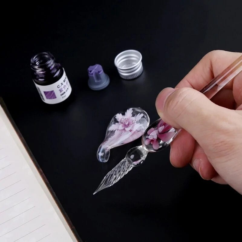 Elegant Crystal Floral Glass Dip Pen WEM Support (www.WEM.support)
