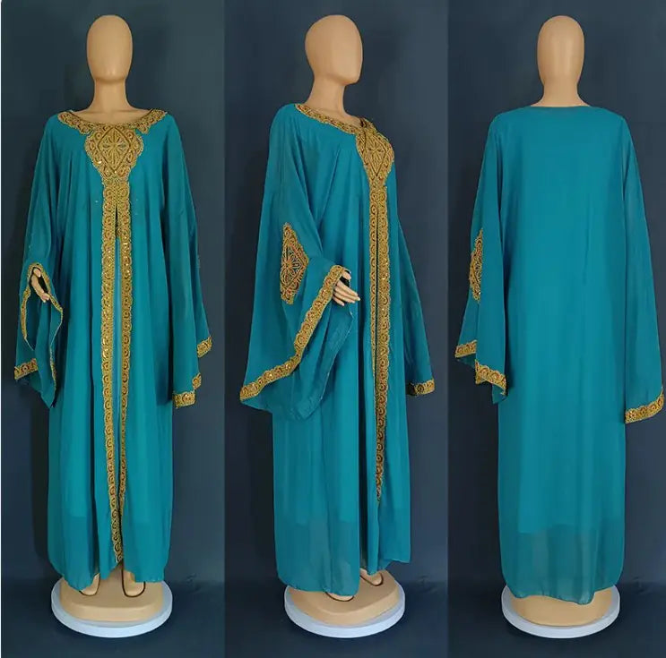 Two Piece Set Gold Kaftan Abaya Dress WEM Support (www.WEM.support)
