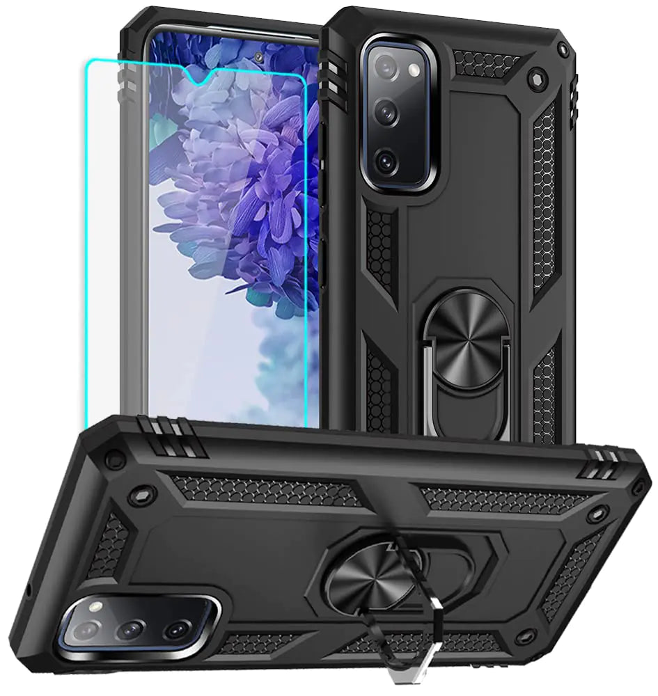 A black Samsung Galaxy S20 FE case with a ring holder and HD screen protector included.