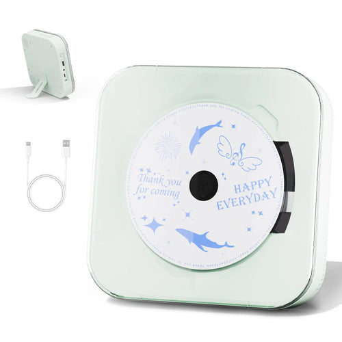 A light green audio CD player with speakers, displayed from different angles, showing the front, top, and side views. The CD player has a decorative CD case with a butterfly design and includes a power cord.
