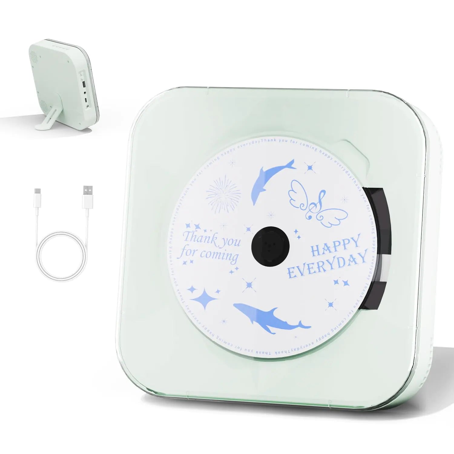 A light green audio CD player with speakers, displayed from different angles, showing the front, top, and side views. The CD player has a decorative CD case with a butterfly design and includes a power cord.