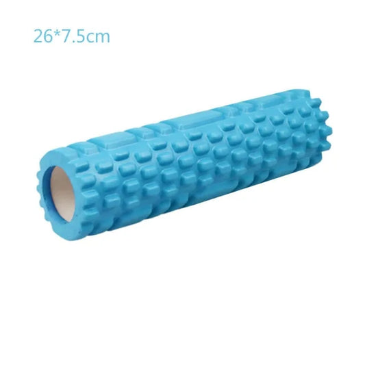 A blue foam roller with a textured surface, measuring 26cm in length and 7.5cm in diameter, designed for fitness and yoga exercises.