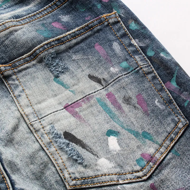 Men's Ripped Patch Jeans Youth Slim Pants Biker Pants Inkjet Personality WEM Support (www.WEM.support)