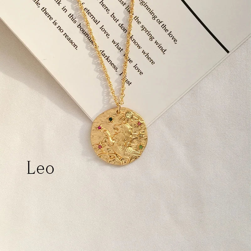 Gold Coin Disk Pendant Zodiac Necklace WEM Support (www.WEM.support)