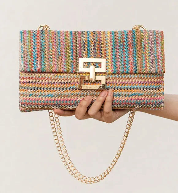 Women's Chain Flap Screw Lock Straw Bag WEM Support (www.WEM.support)