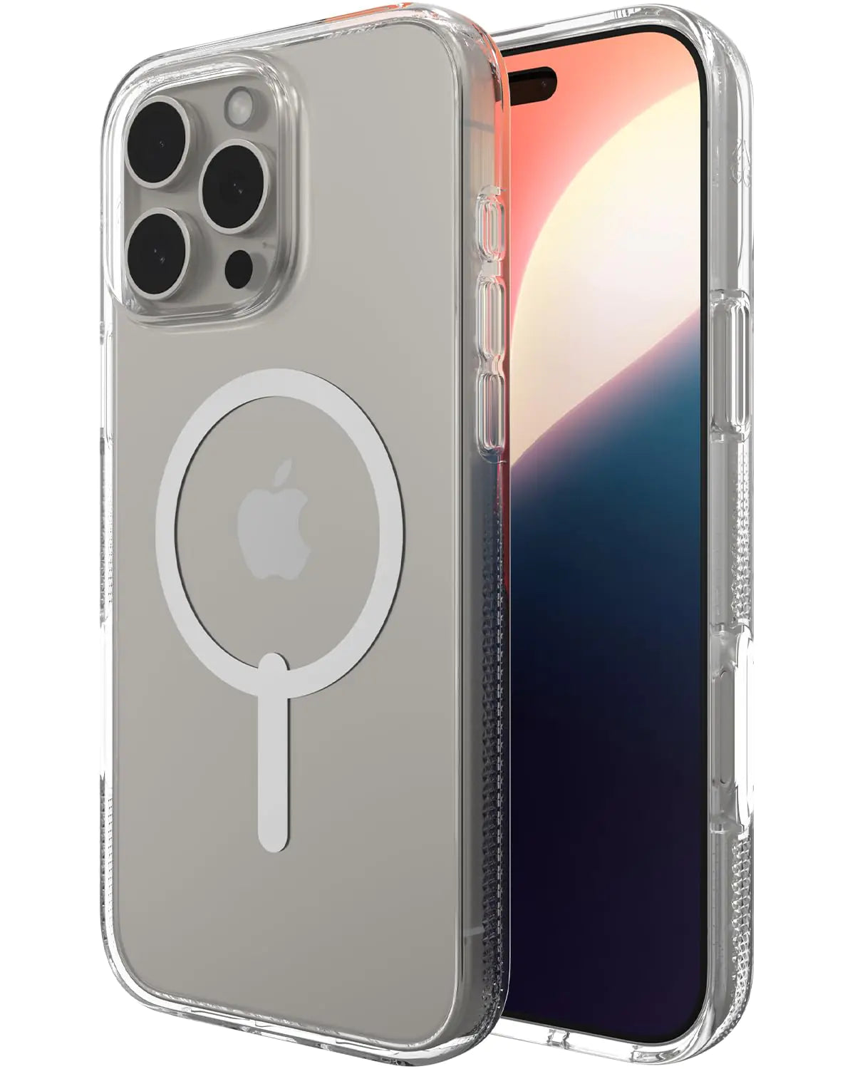 A clear ZAGG Crystal Palace Snap Case for iPhone 16 Pro with a MagSafe compatible design, showing the case from the back with the Apple logo and MagSafe ring visible.