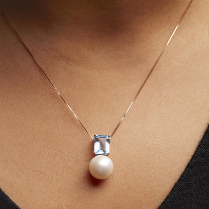 14K Rose Gold 11MM Cultured Freshwater Pearl and 9x7mm Octagon Swiss Blue Topaz Pendant Necklace - 18" Inches WEM Support (www.WEM.support)