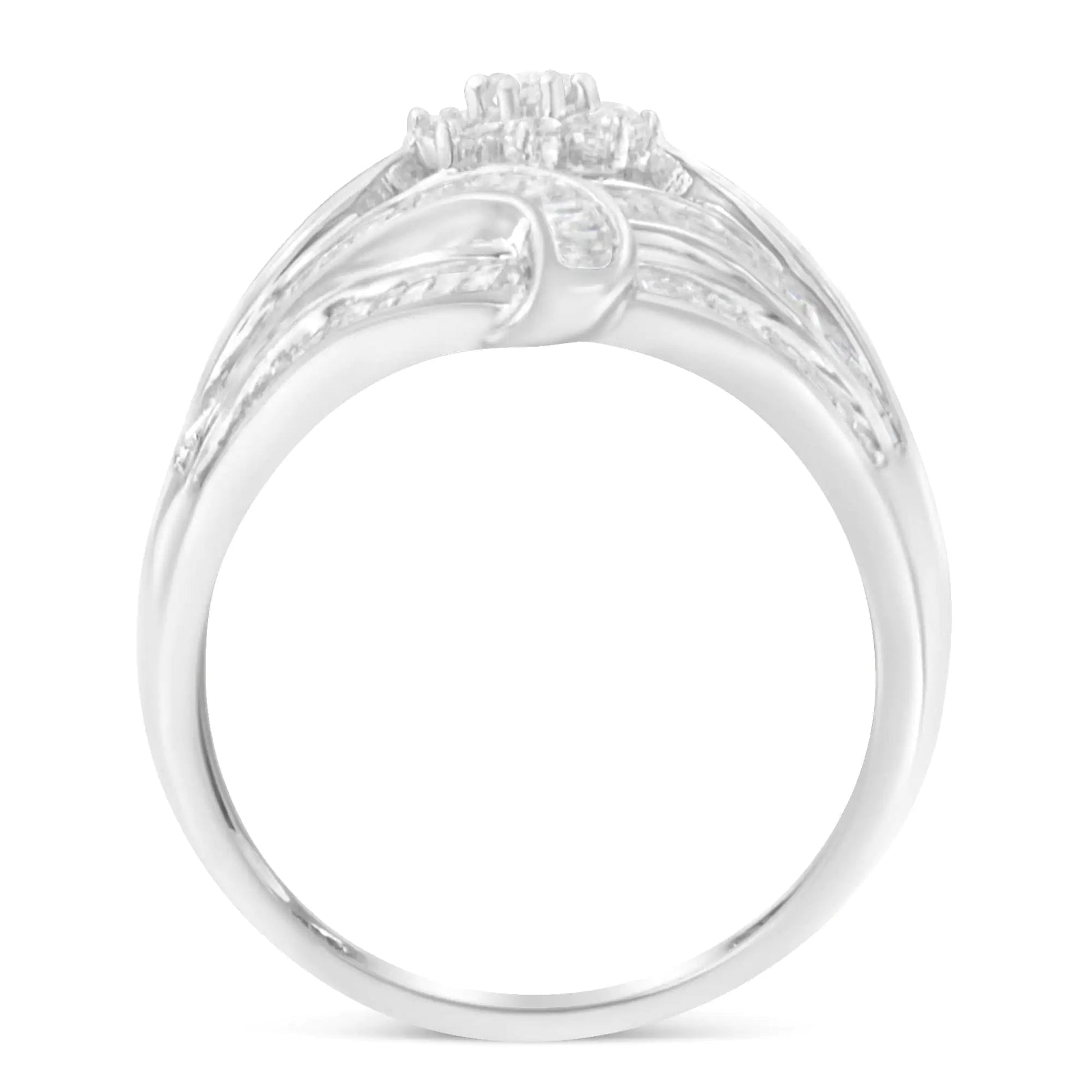 .925 Sterling Silver 1-1/8 Cttw Round & Baguette Diamond 'Flower & Fern' Cluster Cocktail Fashion Ring (I-J Color, I2-I3 Clarity) WEM Support (www.WEM.support)