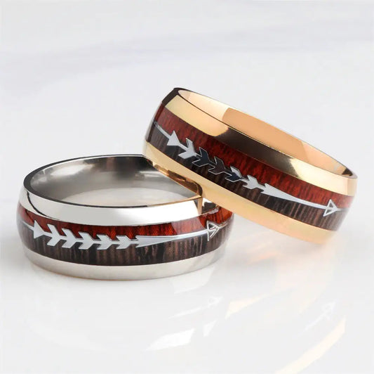 Stainless Steel Wood Grain Arrow Inlaid Ring WEM Support (www.WEM.support)