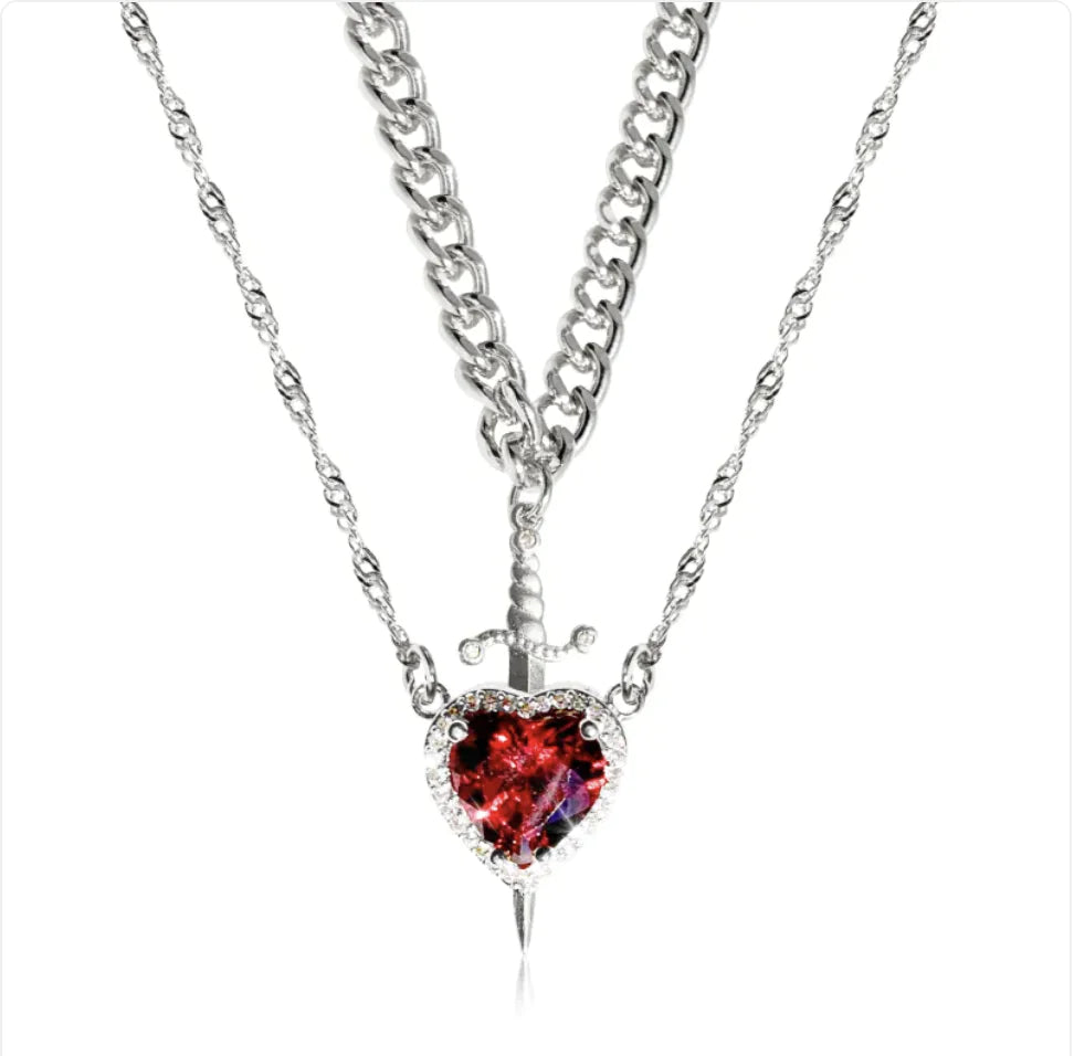 Gothic Punk Heart Dagger Necklace with Red Rhinestone WEM Support (www.WEM.support)