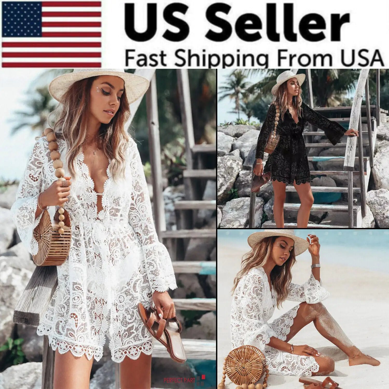 Lace Bathing Suit Cover Up Boho Beach Women Maxi Bikini Sundress Dress Summer US WEM Support (www.WEM.support)