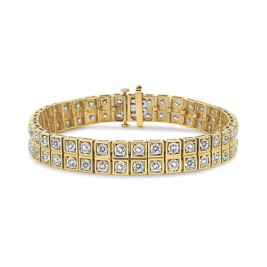 14K Yellow Gold 8.00 Cttw Prong Set Round-Cut Diamond Art Deco Style Two Row Square Frame Link Tennis Bracelet (J-K Color, I1-I2 Clarity) - Size 7.25" WEM Support (www.WEM.support)