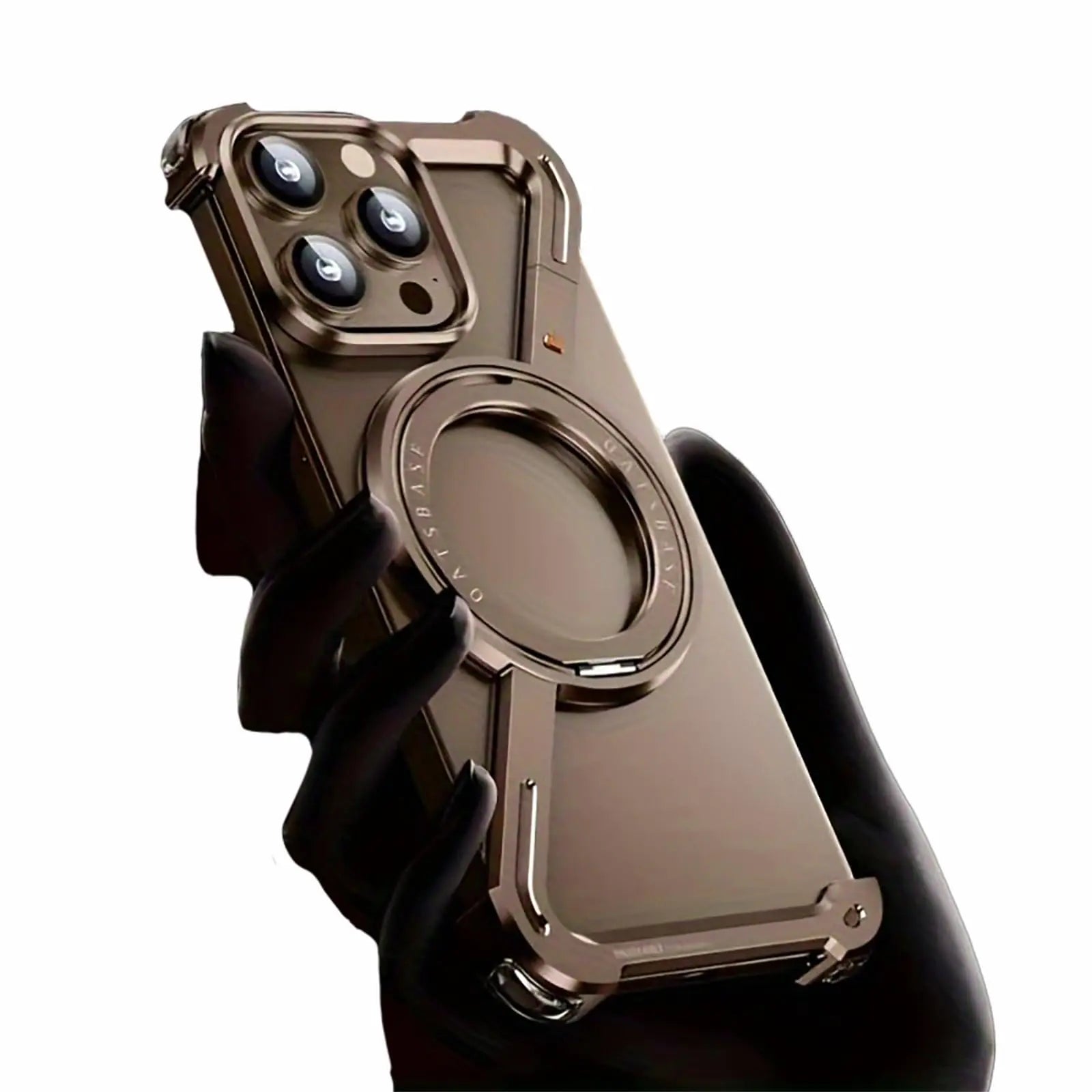A rose gold-colored frameless phone case with a Z-shaped design and a metal cover, featuring a camera ring and a magnetic attachment point, intended for iPhone models.