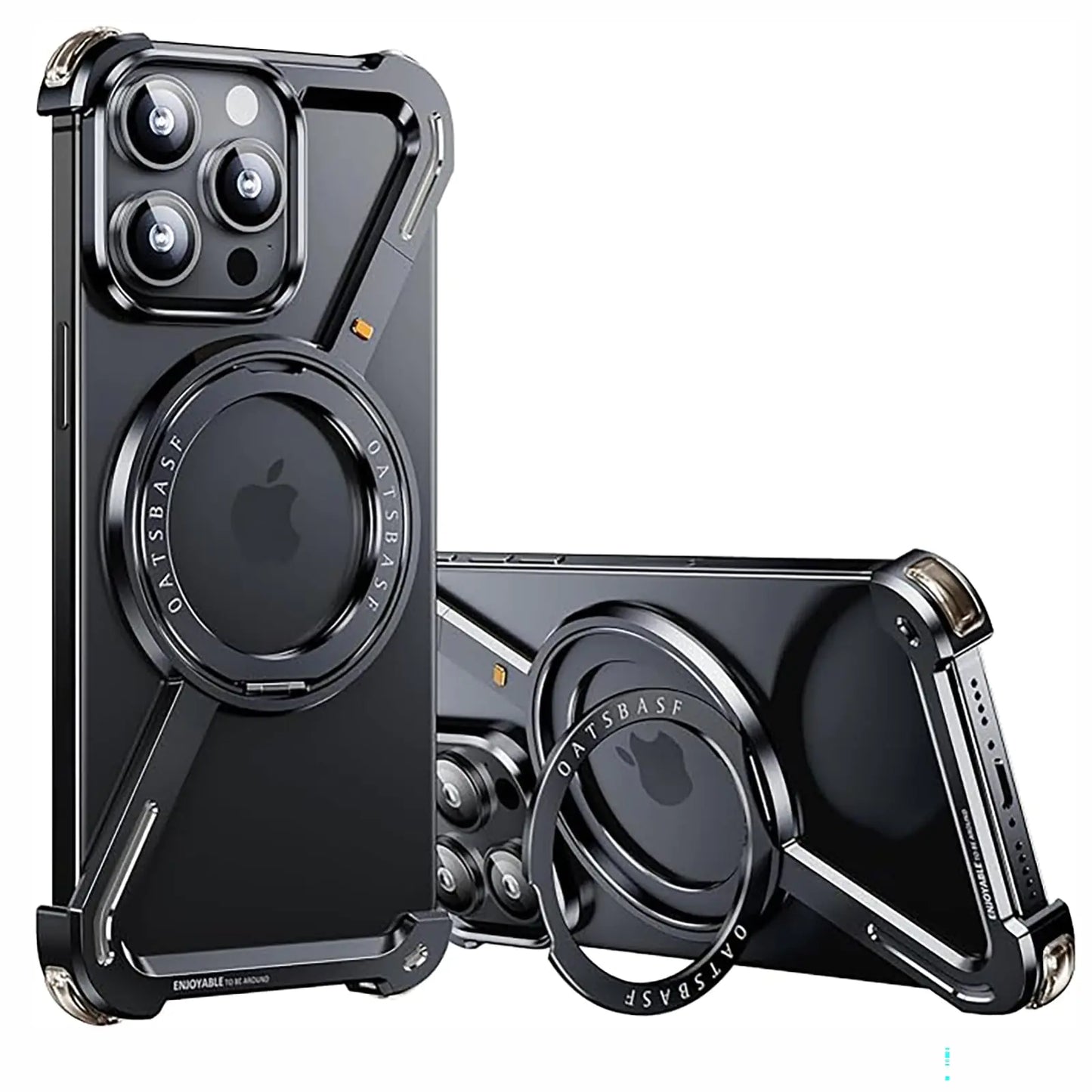 A rose gold-colored frameless phone case with a Z-shaped design and a metal cover, featuring a camera ring and a magnetic attachment point, intended for iPhone models.