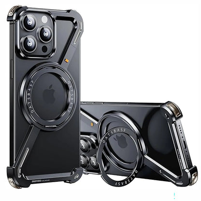 A rose gold-colored frameless phone case with a Z-shaped design and a metal cover, featuring a camera ring and a magnetic attachment point, intended for iPhone models.