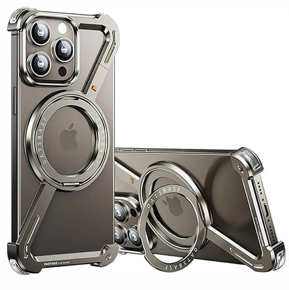 A rose gold-colored frameless phone case with a Z-shaped design and a metal cover, featuring a camera ring and a magnetic attachment point, intended for iPhone models.