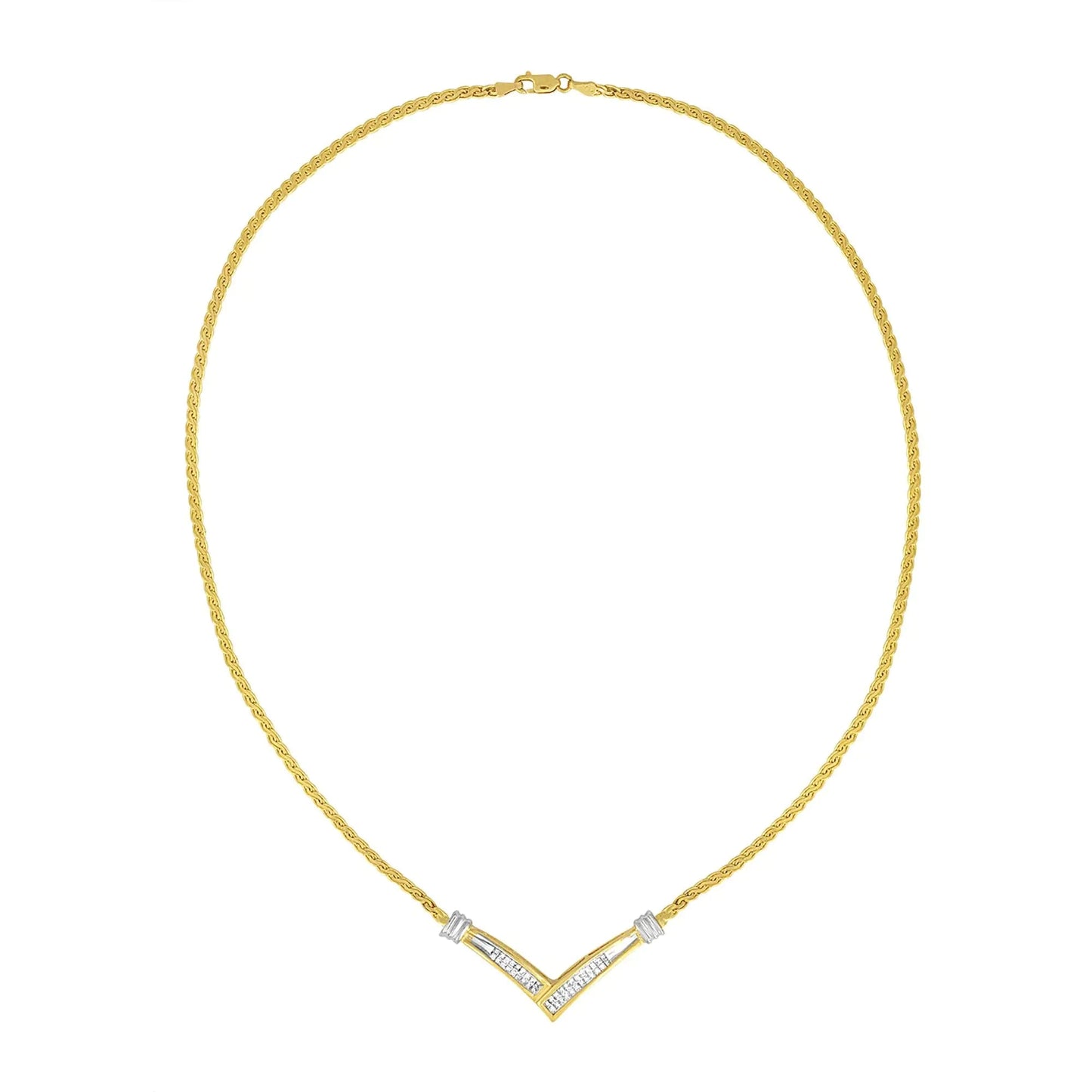 10K Yellow and White Gold 1/2 Cttw Princess Cut Diamond Channel-Set “V” Shape 18" Franco Chain Necklace (H-I Color, SI2-I1 Clarity) WEM Support (www.WEM.support)