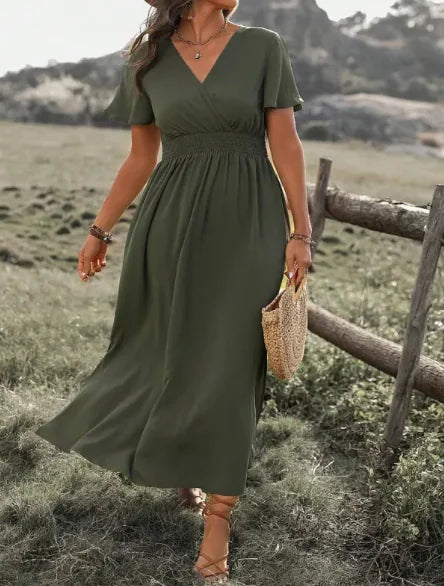 Solid Color And V-neck Bell Sleeve Elastic And Waisted Slimming Slit Long Dress WEM Support (www.WEM.support)