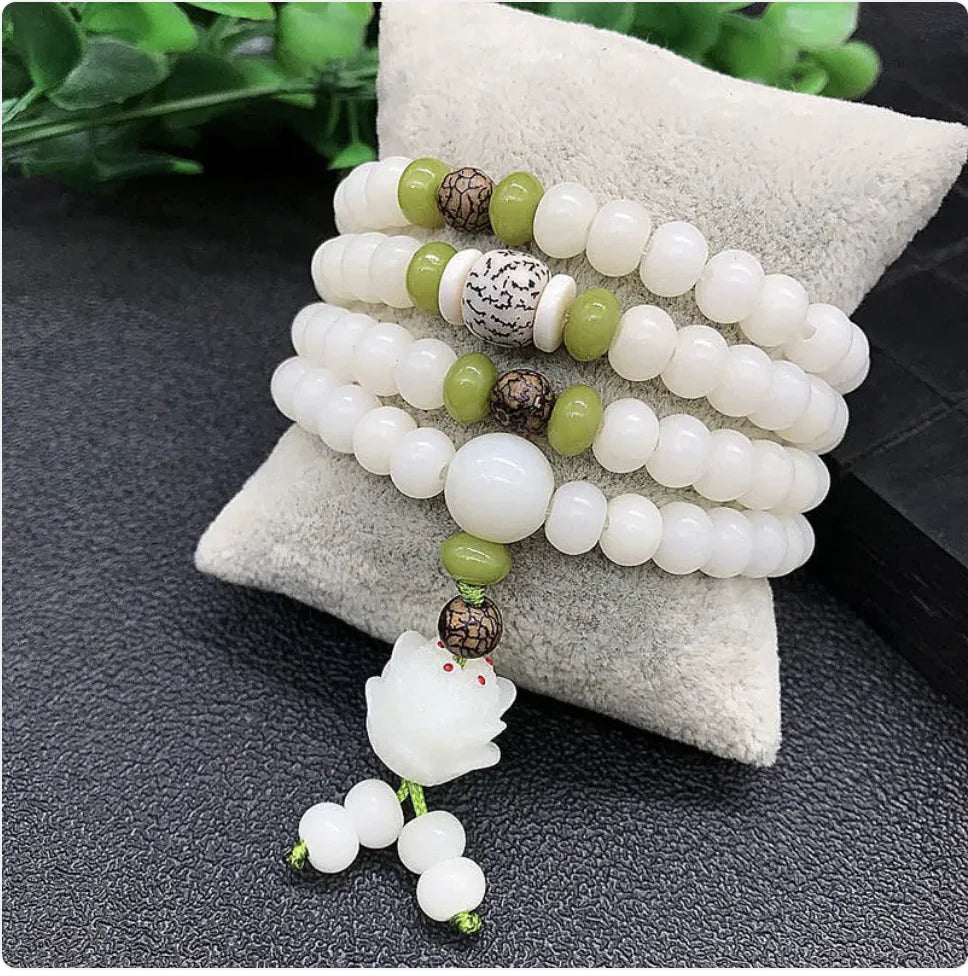 White Jade Bodhi Root 108 Bead Bracelet WEM Support (www.WEM.support)