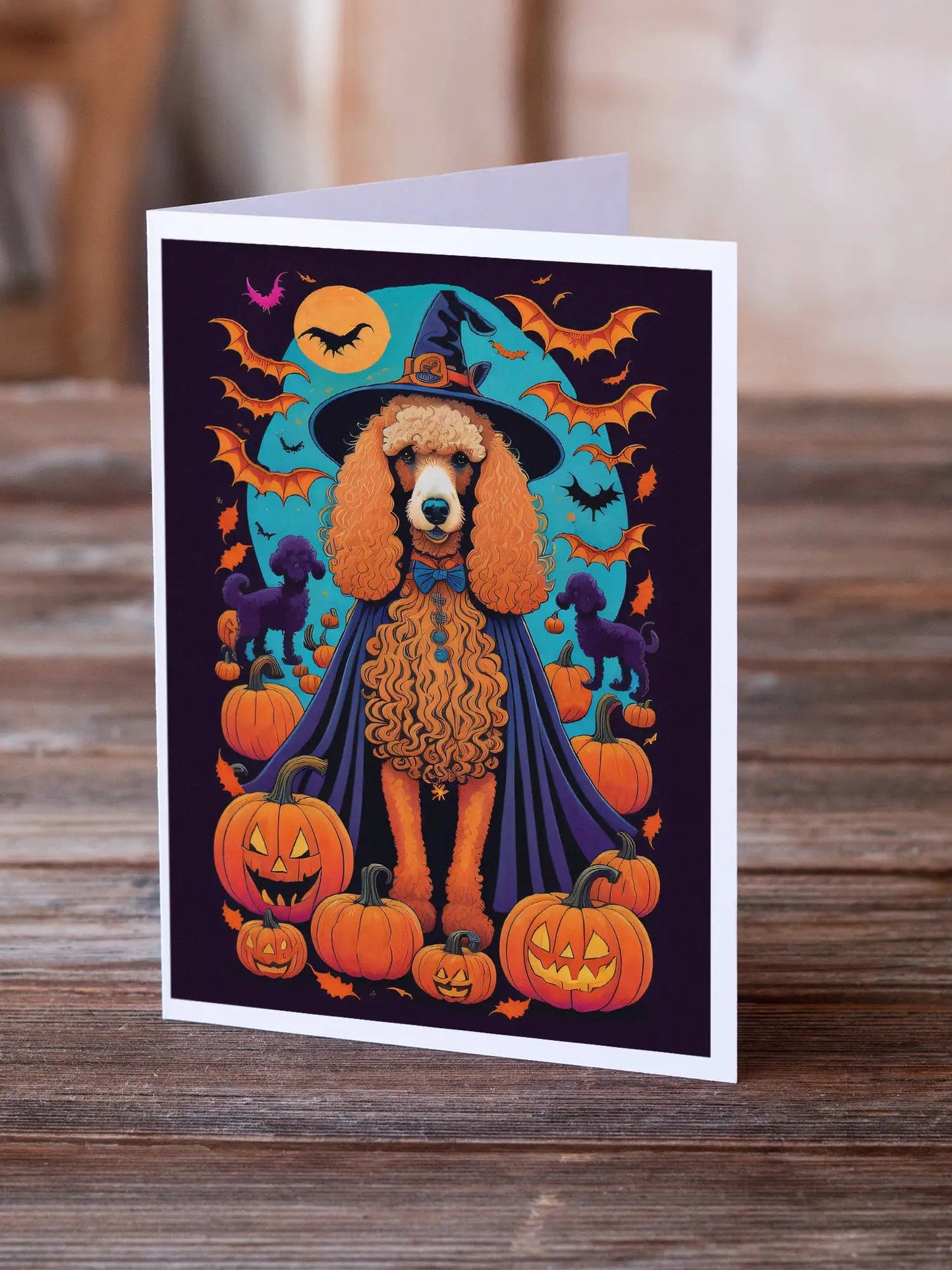Apricot Standard Poodle Witchy Halloween Greeting Cards Pack of 8 WEM Support (www.WEM.support)