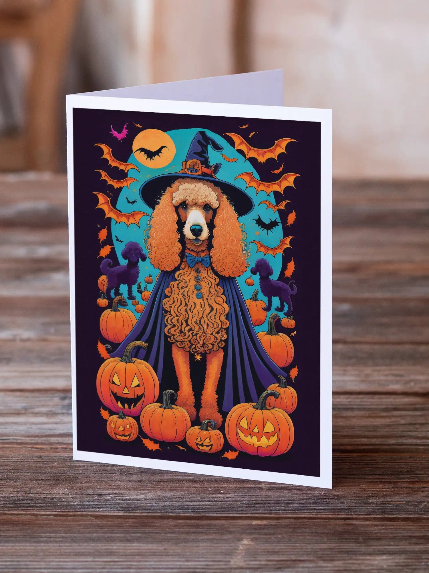 Apricot Standard Poodle Witchy Halloween Greeting Cards Pack of 8 WEM Support (www.WEM.support)