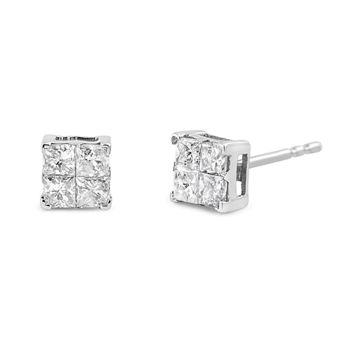 10K White Gold 1.00 cttw Invisible Set Princess-Cut Diamond Composite Square Shape Stud Earrings (G-H Color, I2-I3 Clarity) WEM Support (www.WEM.support)