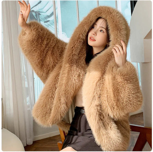 Women's Faux Fox Fur Hooded Coat WEM Support (www.WEM.support)