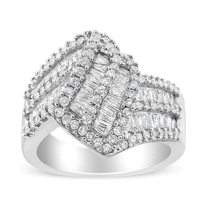 14K White Gold 1-1/2 Cttw Round and Baguette Diamond Bypass Cocktail Ring Band (H-I Color, SI1-SI2 Clarity) WEM Support (www.WEM.support)