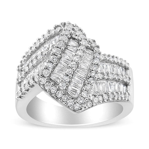 14K White Gold 1-1/2 Cttw Round and Baguette Diamond Bypass Cocktail Ring Band (H-I Color, SI1-SI2 Clarity) WEM Support (www.WEM.support)