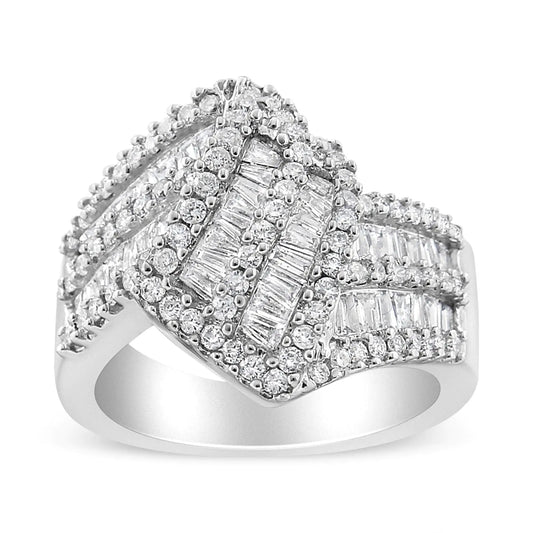 14K White Gold 1-1/2 Cttw Round and Baguette Diamond Bypass Cocktail Ring Band (H-I Color, SI1-SI2 Clarity) WEM Support (www.WEM.support)