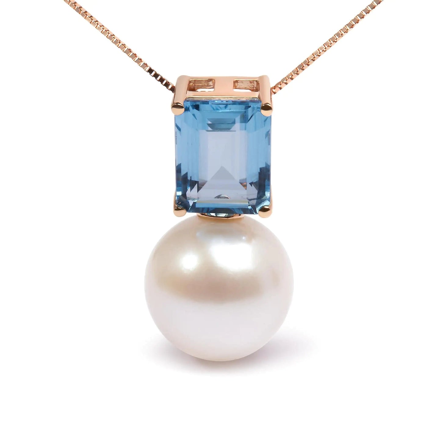 14K Rose Gold 11MM Cultured Freshwater Pearl and 9x7mm Octagon Swiss Blue Topaz Pendant Necklace - 18" Inches WEM Support (www.WEM.support)