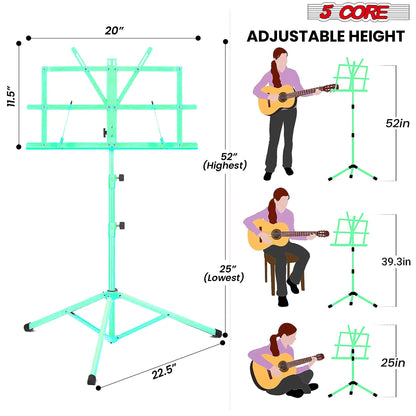 5Core Music Stand For Sheet Music Portable Tripod Adjustable Folding Note Holder GREEN WEM Support (www.WEM.support)