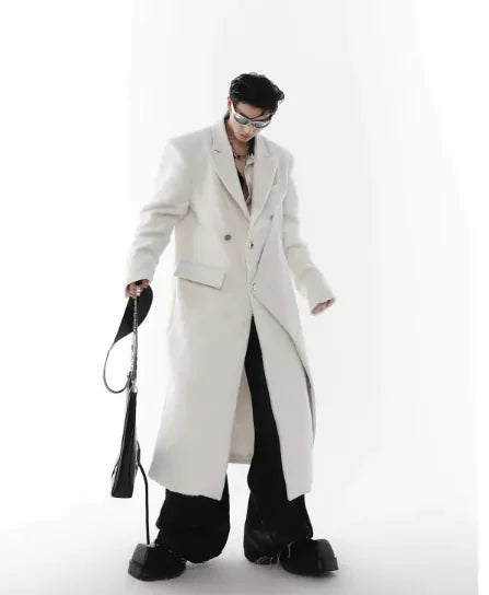 White Padded Shoulder Woolen Trench Coat WEM Support (www.WEM.support)
