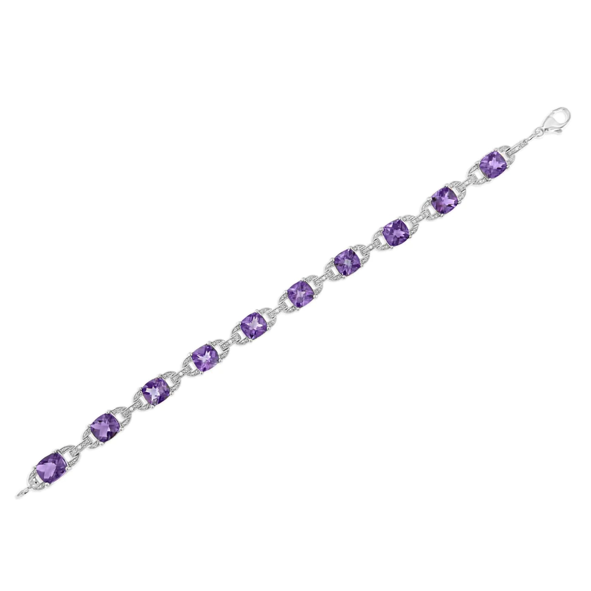 .925 Sterling Silver 7mm Cushion Cut Amethyst Gemstone and Diamond Tennis Link Bracelet (I-J Color, I1-I2 Clarity) - Size 7" WEM Support (www.WEM.support)