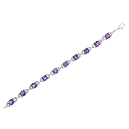 .925 Sterling Silver 7mm Cushion Cut Amethyst Gemstone and Diamond Tennis Link Bracelet (I-J Color, I1-I2 Clarity) - Size 7" WEM Support (www.WEM.support)