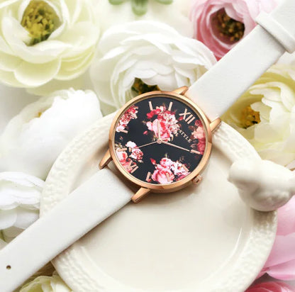 Fashion Floral Dial Watch for Women, PU Strap
