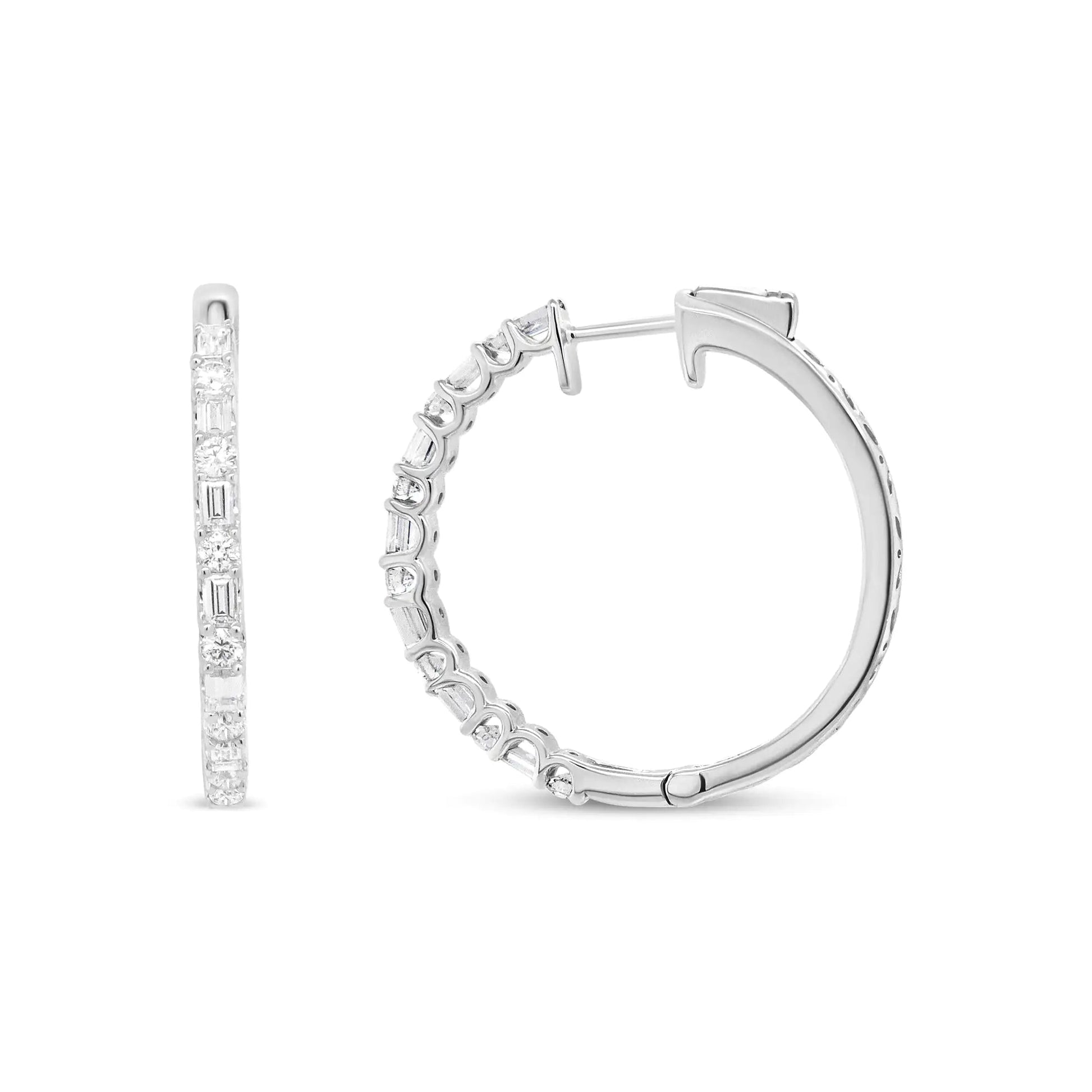14K White Gold 1 3/4 Cttw Round and Baguette Diamond Hoop Earrings - (H-I Color, SI2-I1 Clarity) WEM Support (www.WEM.support)