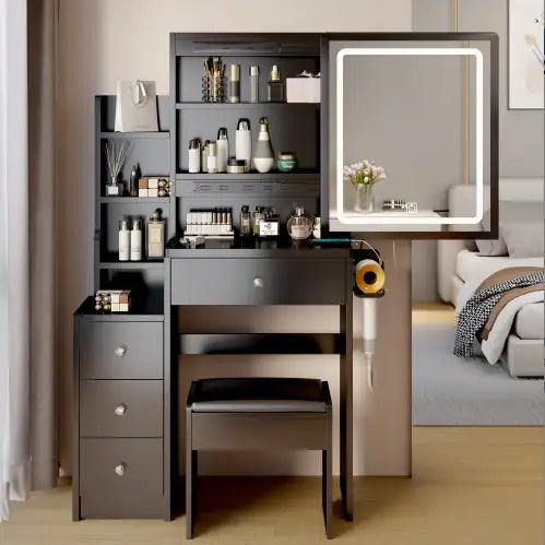 Small Space Left Bedside Cabinet Vanity Table Cushioned Stool, Power Station, Hair Dryer Bracket WEM Support (www.WEM.support)