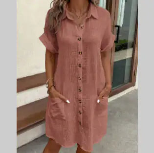 Summer Short Sleeve Shirt Dress Fashion Solid Color Single-breasted Mid-length Loose Dress WEM Support (www.WEM.support)